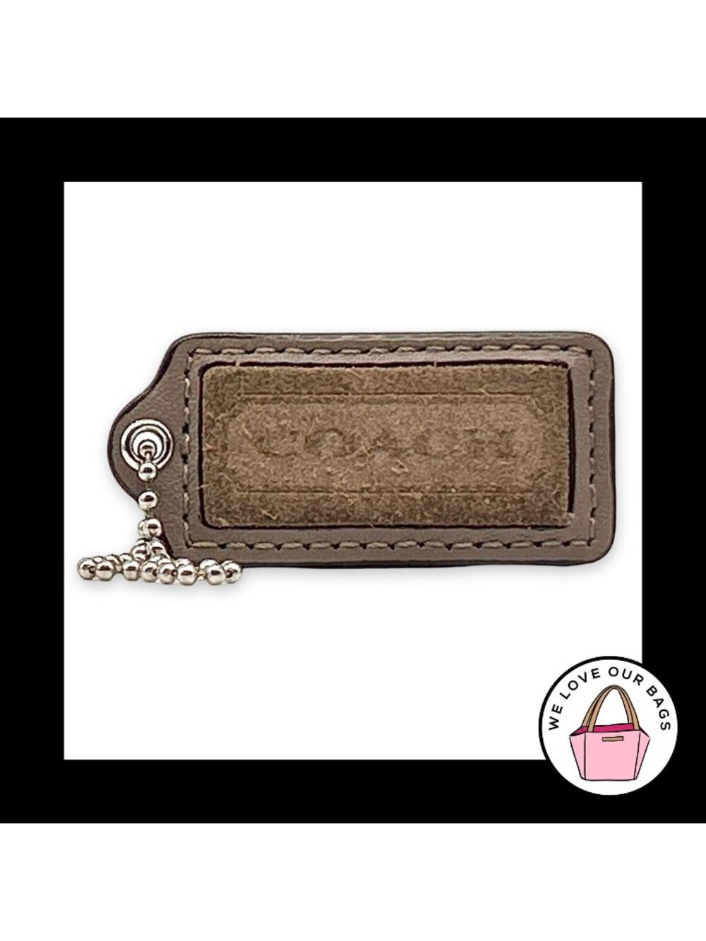Rare COACH HANGTAG 2.25" Brown Taupe Inlaid Suede Leather Bag Charm Keychain Fob